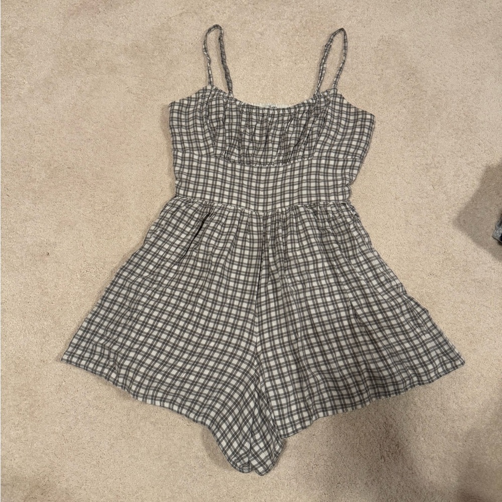 Hollister Gingham Gray and White Backless Romper